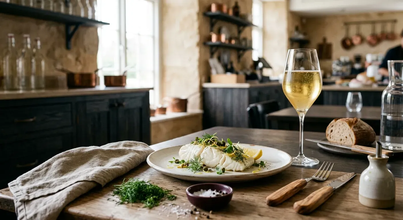 Et vakkert dekket middagsbord med en tallerken dampet hvit fisk pyntet med ferske urter, stående ved siden av et elegant stettglass fylt med en gyllen, sprudlende alkoholfri cider med duggdråper på glasset